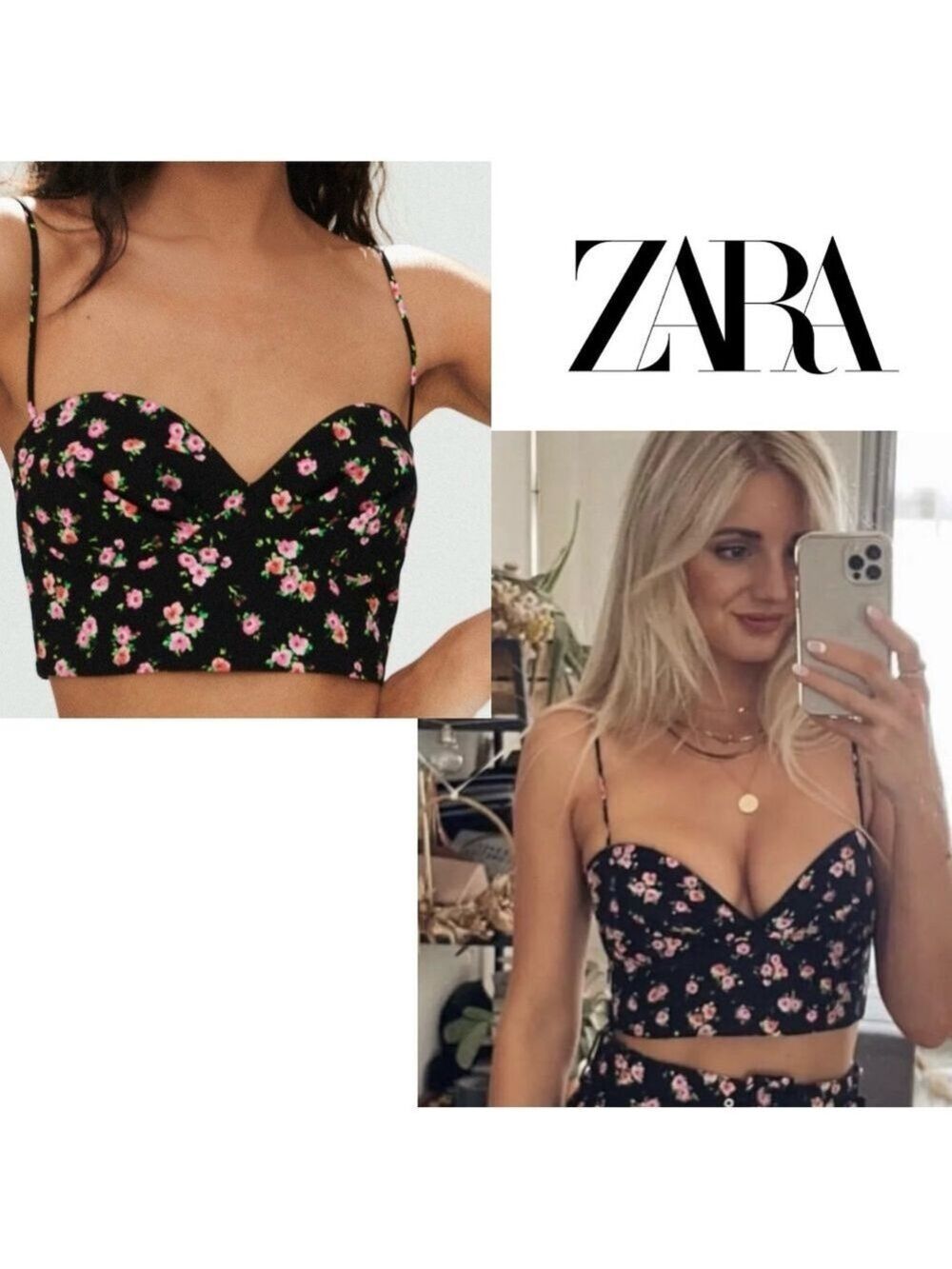 Zara black pink floral flower sweetheart spaghetti strap bustier crop top Sz XL